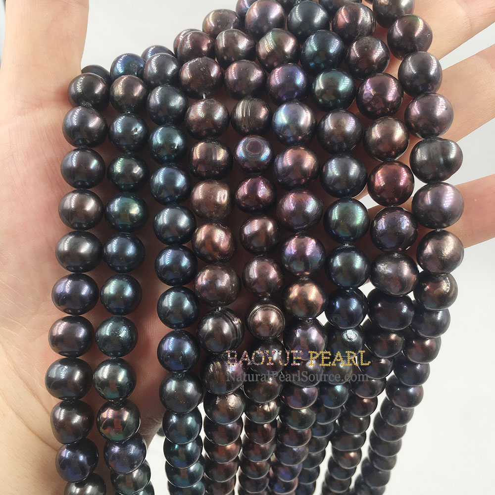 16 Inch 9-10 mm Black Freshwater Pearls Near Round in strand with farmer wholesaler prices