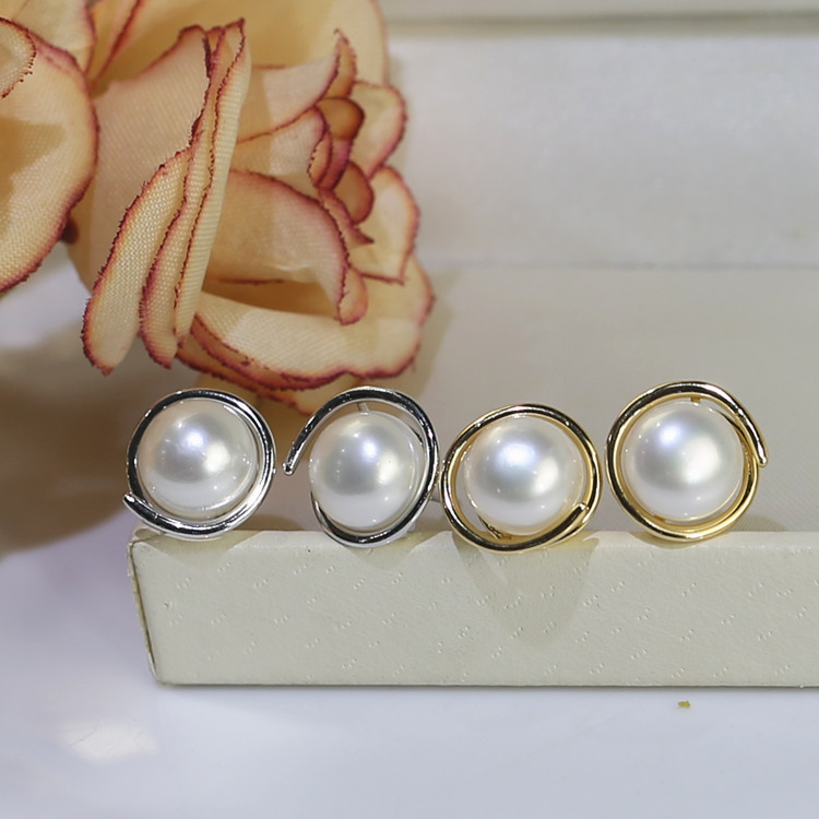 9-9.5mm button 3A pearl earrings , white color natural korean zircon pearl stud earings Freshwater pearl earrings wholesale
