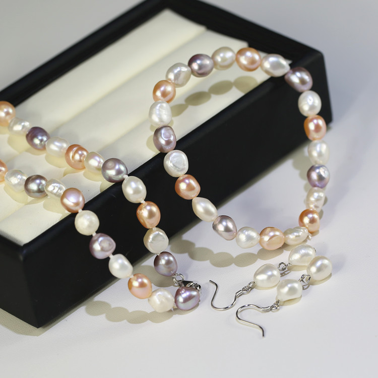 8mm baroque AA white peach purple mixed color silver fitting 100% natural pearl necklace set