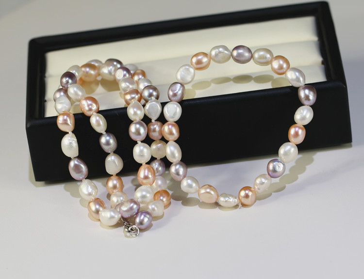 8mm baroque AA white peach purple mixed color silver fitting 100% natural pearl necklace set
