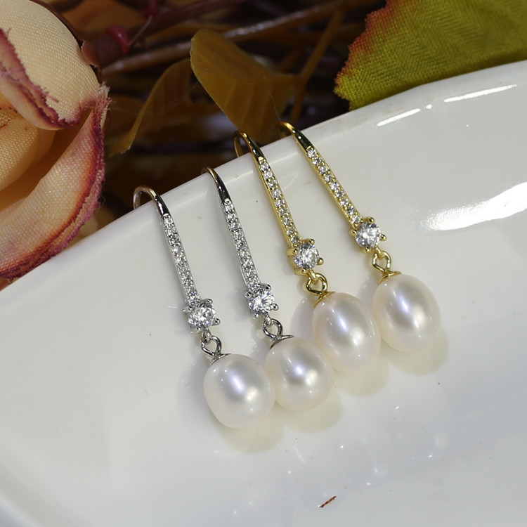925 sterling silver cheap freshwater natural earrings, 8mm drop dainty pearl earrings korean zircon pearl stud earings Freshwater pearl earrings wholesale