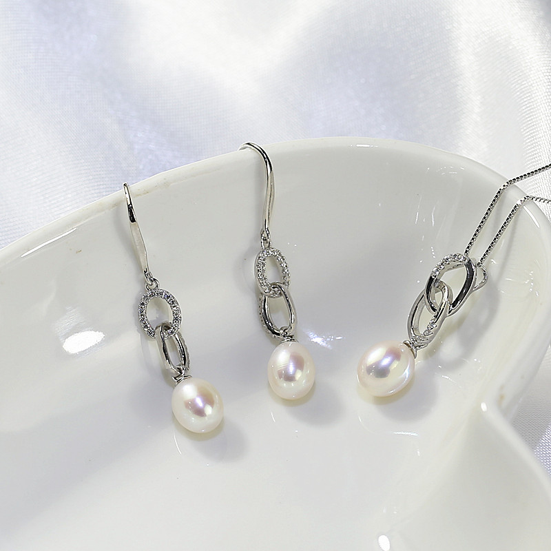 Cheap natural pearls jewelry set 8mm drop 925 sterling silver jewelry set natural white button freshwater pearl earrings sets Freshwater pearl jewelry set wholesale