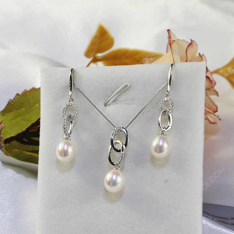 Cheap natural pearls jewelry set 8mm drop 925 sterling silver jewelry set natural white button freshwater pearl earrings sets Freshwater pearl jewelry set wholesale