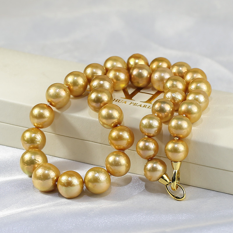 Cultured pearl jewelry real pearl necklace round AA golden color freshwater necklace wholesale  freshwater necklace wholesale