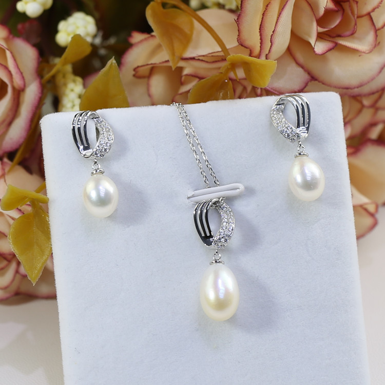 8mm drop 3A grade earring and pendant set 925 sterling silver new wholesale freshwater pearls jewelry set.