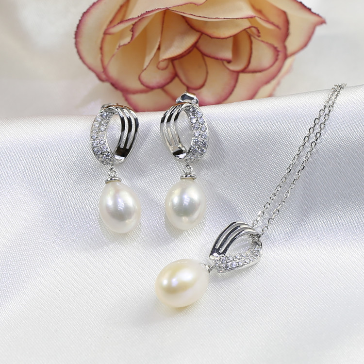 8mm drop 3A grade earring and pendant set 925 sterling silver new wholesale freshwater pearls jewelry set.