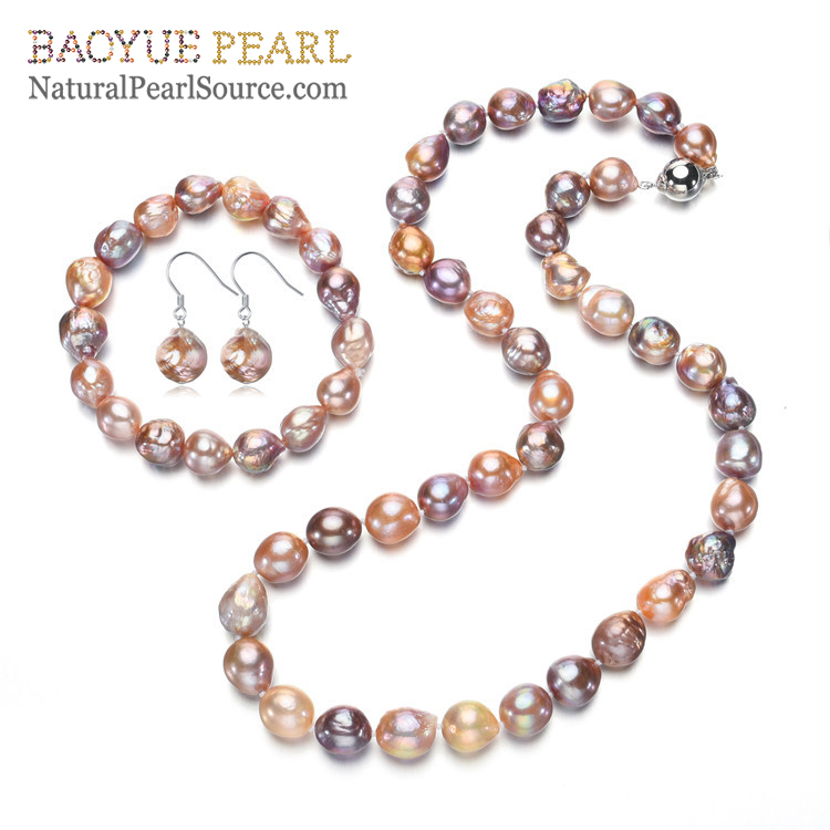 10-11mm Edison baroque pearls mixed color shinning pearl jewellery set, pure pearl jewelry wholesale.