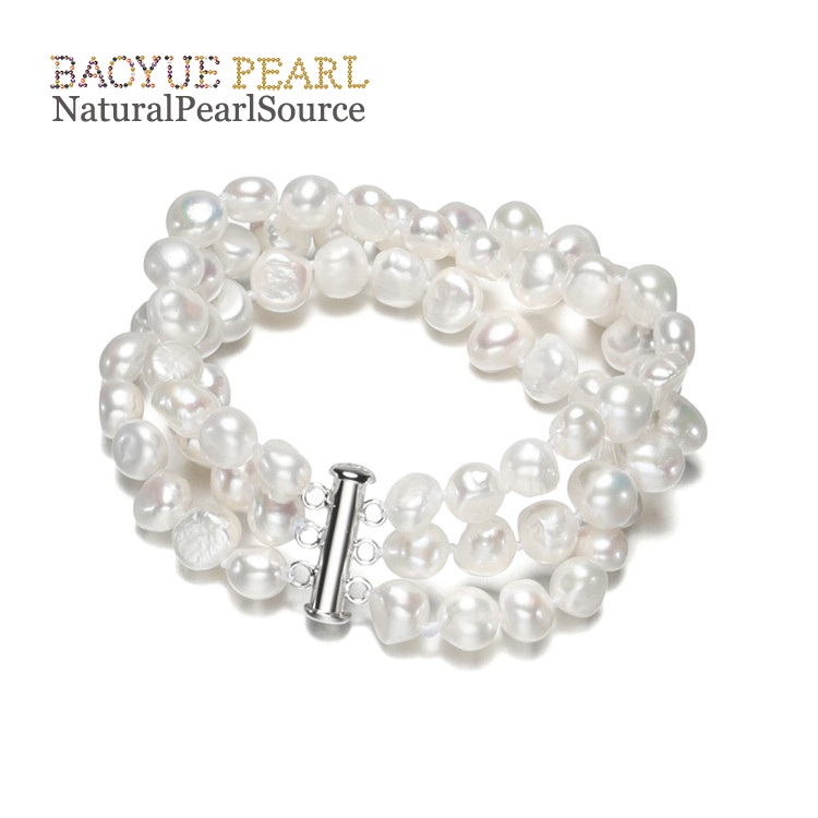 8mm natural cultured freshwater pearl bracelet baroque AA 3 rows women wholesale design real cultured natural real pearl jewelry bracelets