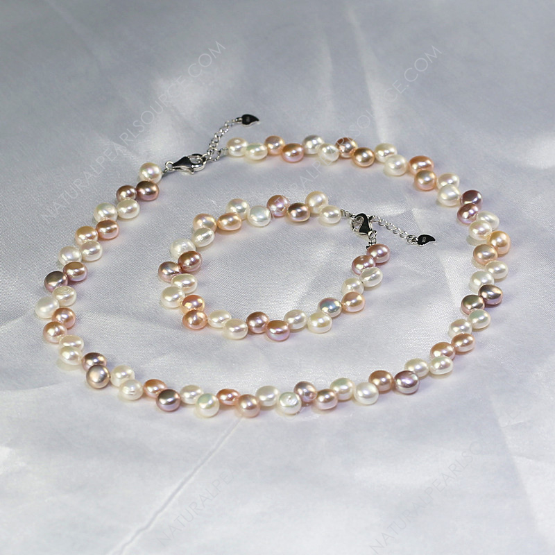 7 mm Cultured freshwater pearl bracelet necklace set, button Shape 3A 16inches Freshwater pearl jewelry set wholesale