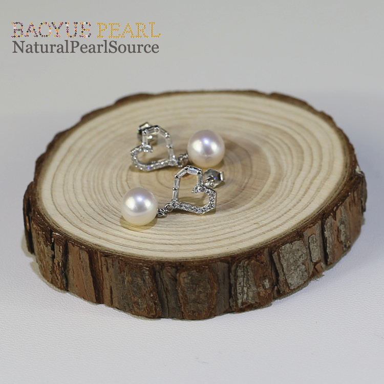 7.5-8 mm Freshwater pearl charm earring real pearl earrings, round AA 925 sterling silver freshwater pearl earrings wholesale