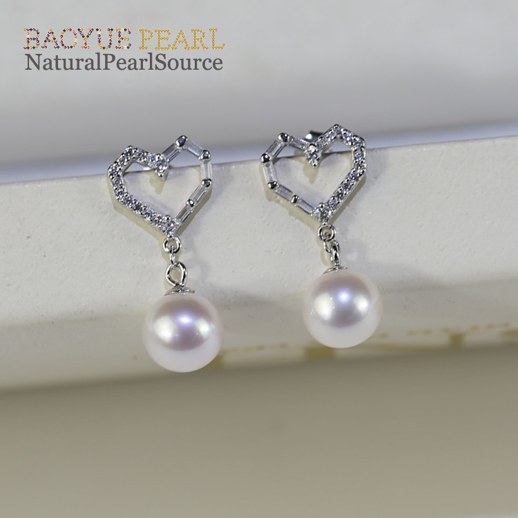 7.5-8 mm Freshwater pearl charm earring real pearl earrings, round AA 925 sterling silver freshwater pearl earrings wholesale