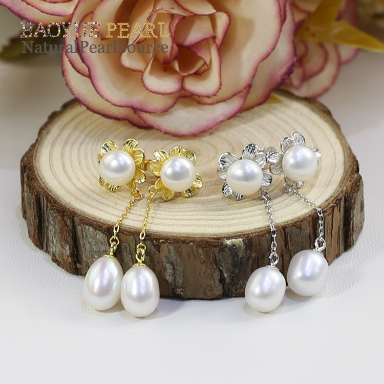 5-8mm Freshwater pearl earrings wholesale, button and drop shape flower shape 925 silver pearl stud freshwater pearl earrings