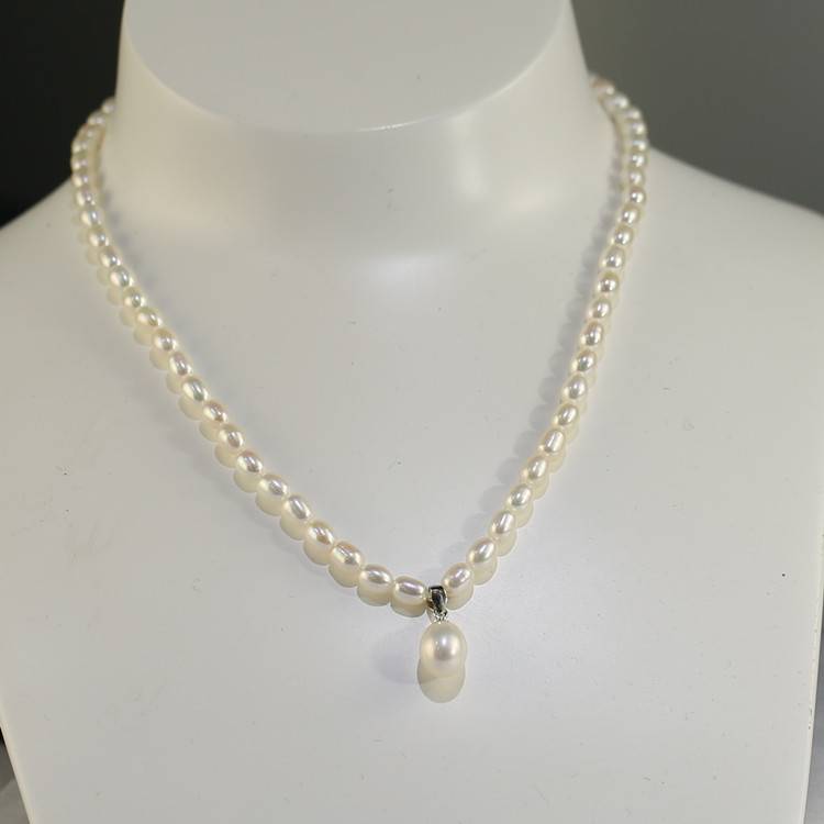 5&8mm rice shape freshwater pearl necklace 3A 16inches 925 sterling silver freshwater cultered pearl initial necklace
