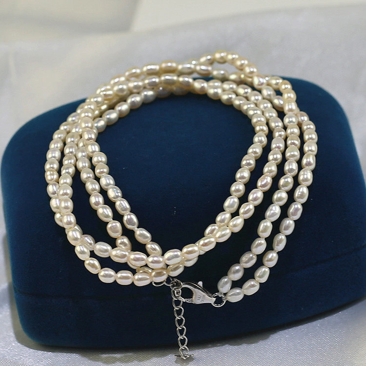 3.5-4mm AA 16 inch white 2rows freshwater pearls necklace sterling silver small Freshwater pearl accessories freshwater pearl necklace wholesale
