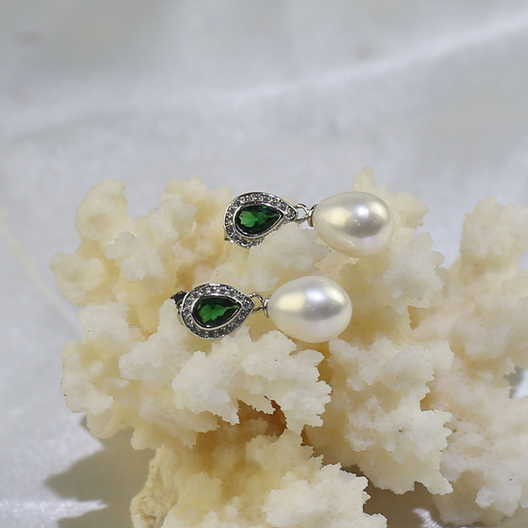 Green cz stones pearls set 8mm drop natural real 925 sterling silver pearl hoop earrings set, natural freshwater pearl necklaces, earrings, rings, bracelets jewelry set wholesale.