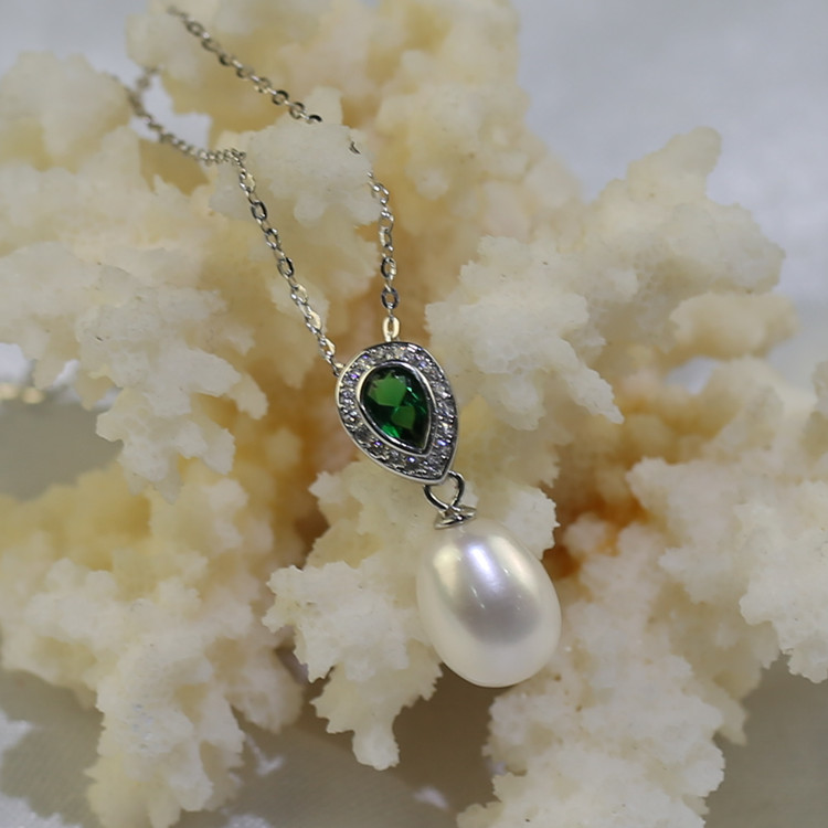 Green cz stones pearls set 8mm drop natural real 925 sterling silver pearl hoop earrings set, natural freshwater pearl necklaces, earrings, rings, bracelets jewelry set wholesale.