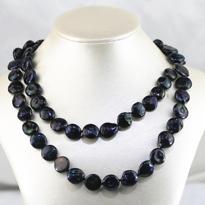 12-14mm Natural Freshwater Pearl Necklace black color coin 36inches AA  shape customized pearl jewelry wholesale