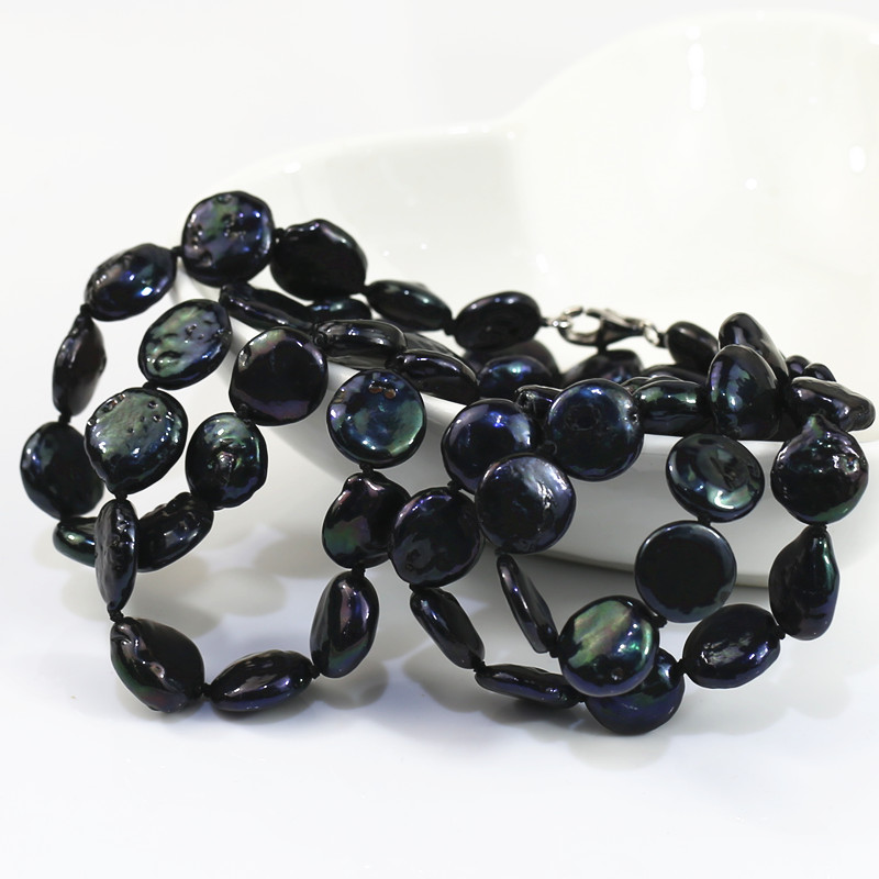 12-14mm Natural Freshwater Pearl Necklace black color coin 36inches AA  shape customized pearl jewelry wholesale
