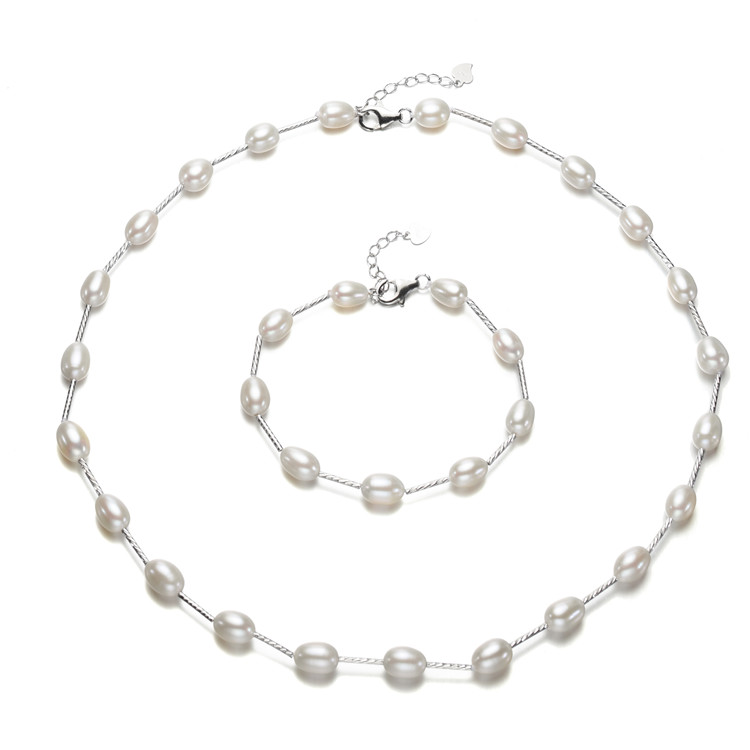 7mm Necklace bracelet Freshwater Pearl Jewelry rice 925 Sterling Silver Sets, Freshwater pearl jewelry set wholesale