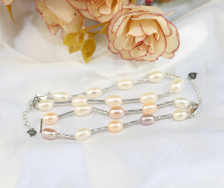 7mm Necklace bracelet Freshwater Pearl Jewelry rice 925 Sterling Silver Sets, Freshwater pearl jewelry set wholesale