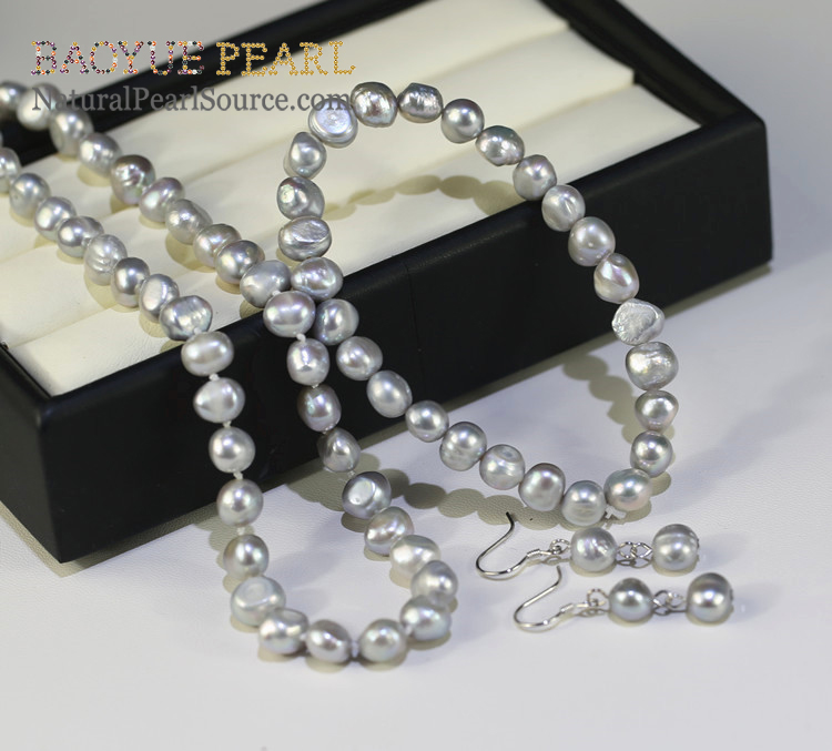 Pure freshwater pearl set grey color 8mm baroque 925 sterling silver AA grade.
