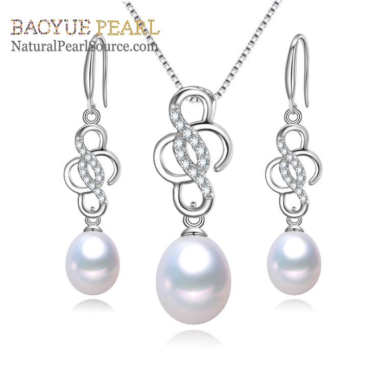 Water Drop pearl New jewelry design pearl 925 sterling silver set, 8mm drop white design Freshwater pearl jewelry set wholesale.