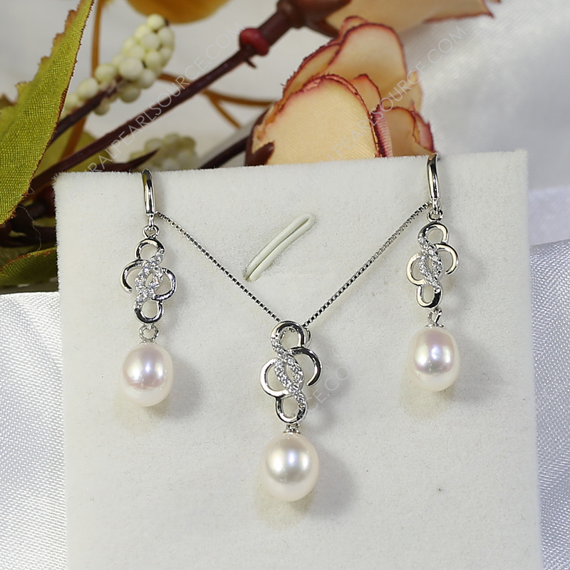Water Drop pearl New jewelry design pearl 925 sterling silver set, 8mm drop white design Freshwater pearl jewelry set wholesale.