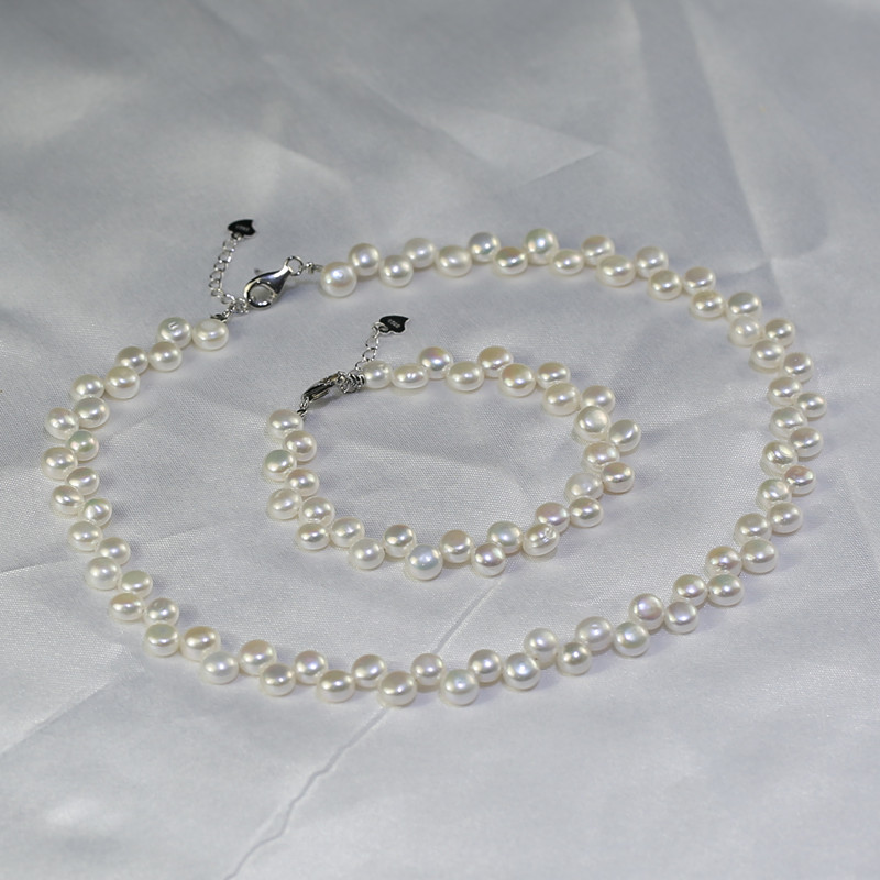 7mm button 3A Wholesale Natural Freshwater Pearl Set Sterling Silver Jewelry Set Freshwater pearl jewelry set wholesale.