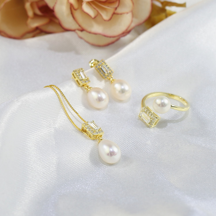 8mm drop Wholesale Women Natural pearl Jewelry 925 Sterling Silver Freshwater Pearl Set.