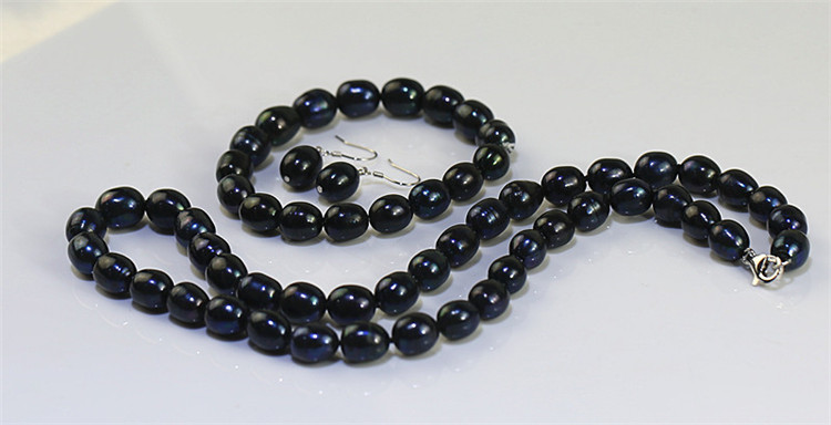 10mm black color earrings freshwater pearl jewelry set, rice shape AA  natural pearl jewelry set wholesale