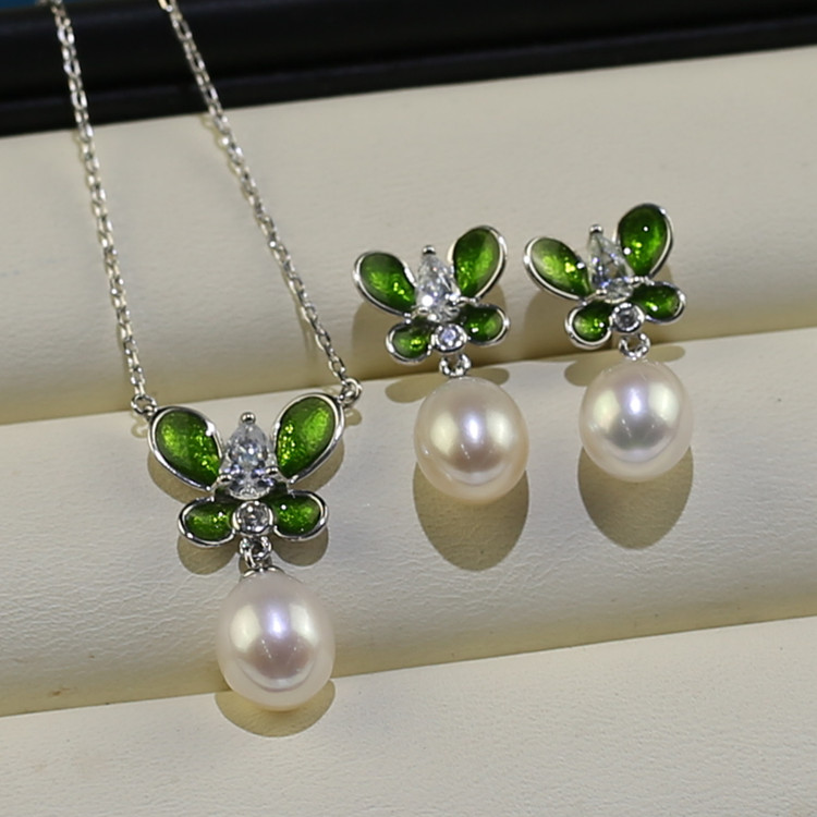 8mm butterfly shape natural fresh water cultured pearls and sterling silver set, freshwater pearl necklaces, earrings, rings, bracelets jewelry set wholesale