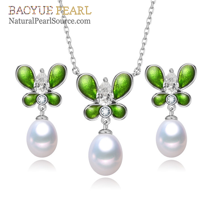 8mm butterfly shape natural fresh water cultured pearls and sterling silver set, freshwater pearl necklaces, earrings, rings, bracelets jewelry set wholesale