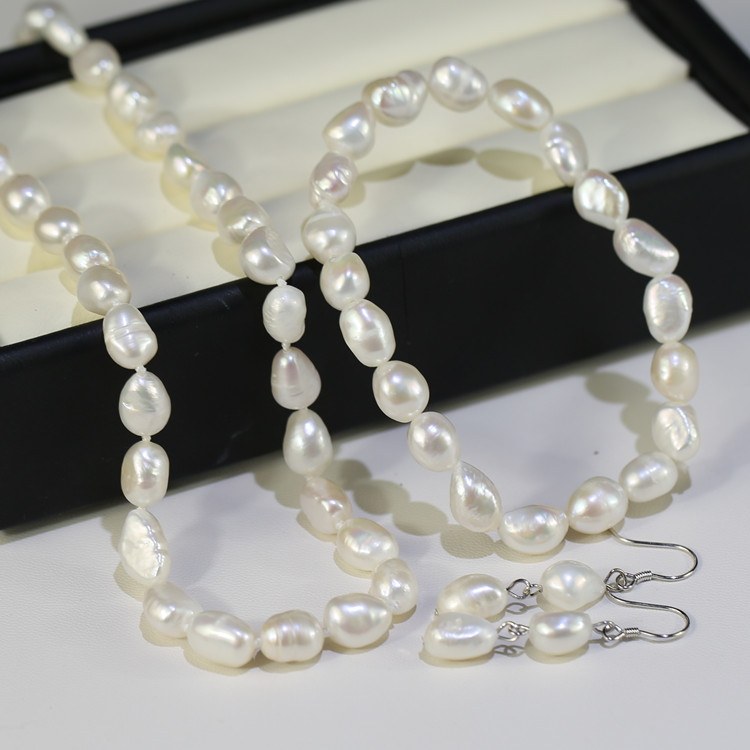 8mm baroque AA cheap pearl necklace and earring set white color freshwater jewelry