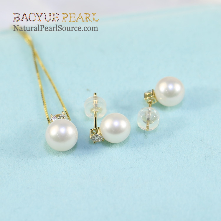 8-8.5mm round 3A 18k gold freshwater natural pearl gold filled set, freshwater pearl jewelry set wholesale