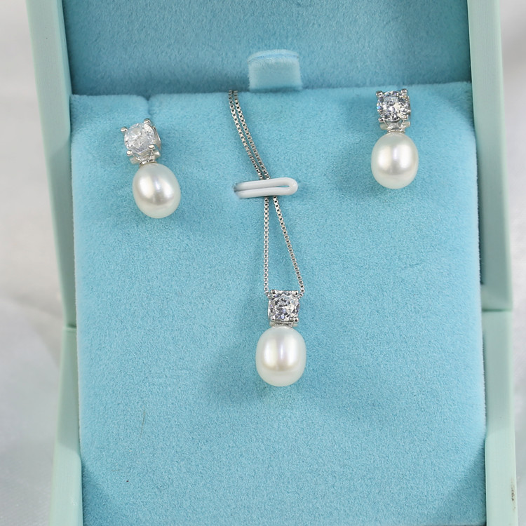 8mm drop jewellery natural earrings set for women drop freshwater pearls jewelry set wholesale 925 sterling silver natural pearl set
