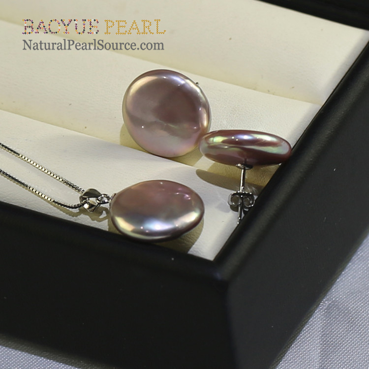 16mm lavender pink freshwater pearl jewelry sets coin shape AA grade 925 sterling silver
