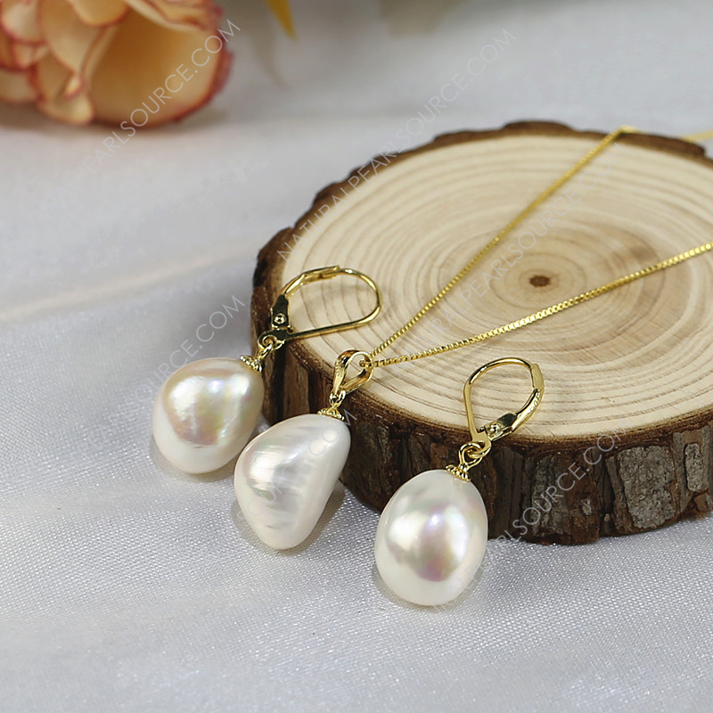 12mm nugget 3A natural Pearl Wedding Necklace Earrings Jewelry Set