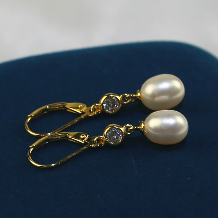 8mm natural freshwater real zircon earrings with pearls  jewelry wholesale Freshwater pearl earrings wholesale