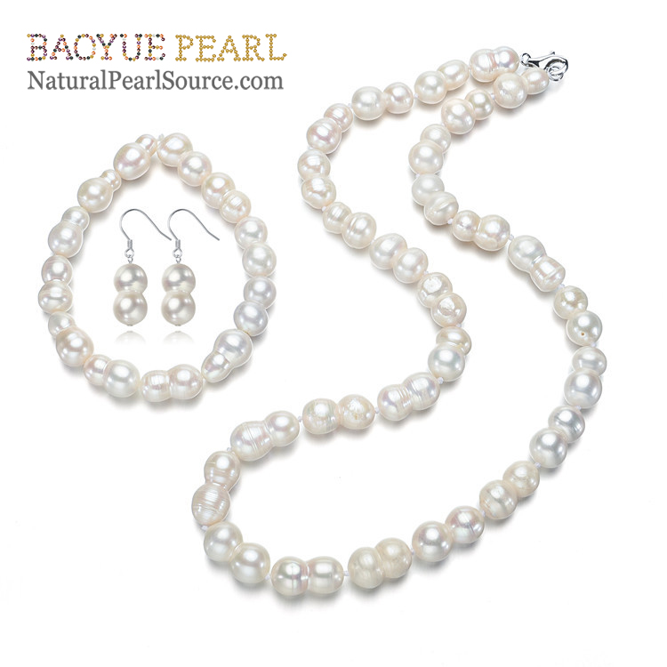 8-10mm peanut freshwater natural Pearl 925 silver set, natural freshwater pearl jewelry set wholesale.