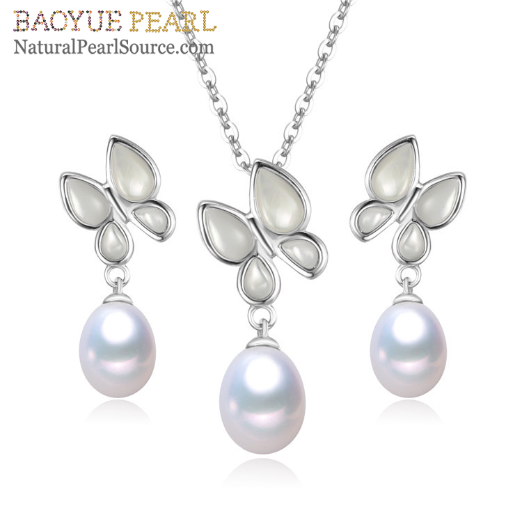 8mm drop 3A wedding freshwater pearl cz jewelry set 925 sterling silver natural freshwater pearl necklaces, earrings, rings, bracelets jewelry set wholesale