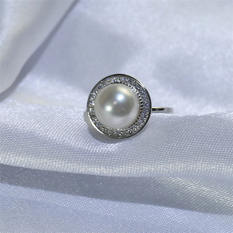 10mm button white color Fashion Cultured Pearl Ring freshwater pearl lady silver ring