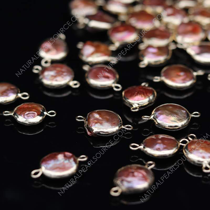 Natural brown pearl round button shape gold plated double loop for DIY jewelry