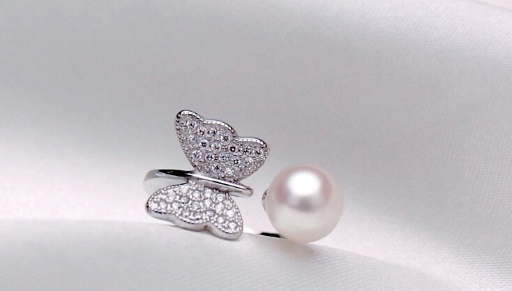 Natural freshwater butterfly pearl ring 7.5-8mm 3A round pearl ring pearl