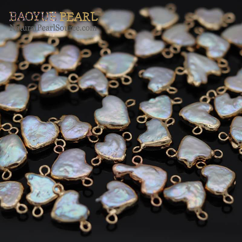 Natural pearl wholesale heart pearl beads with gold plated edging double loops for making jewelry