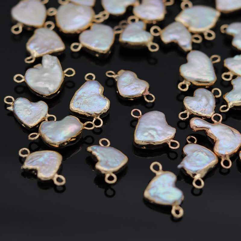 Natural pearl wholesale heart pearl beads with gold plated edging double loops for making jewelry