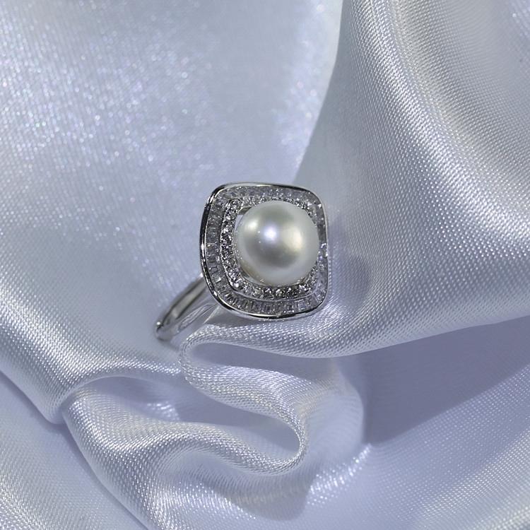 9mm round Real Pearl ring wholesale Simple adjustable real freshwater cultured pearl lady silver ring