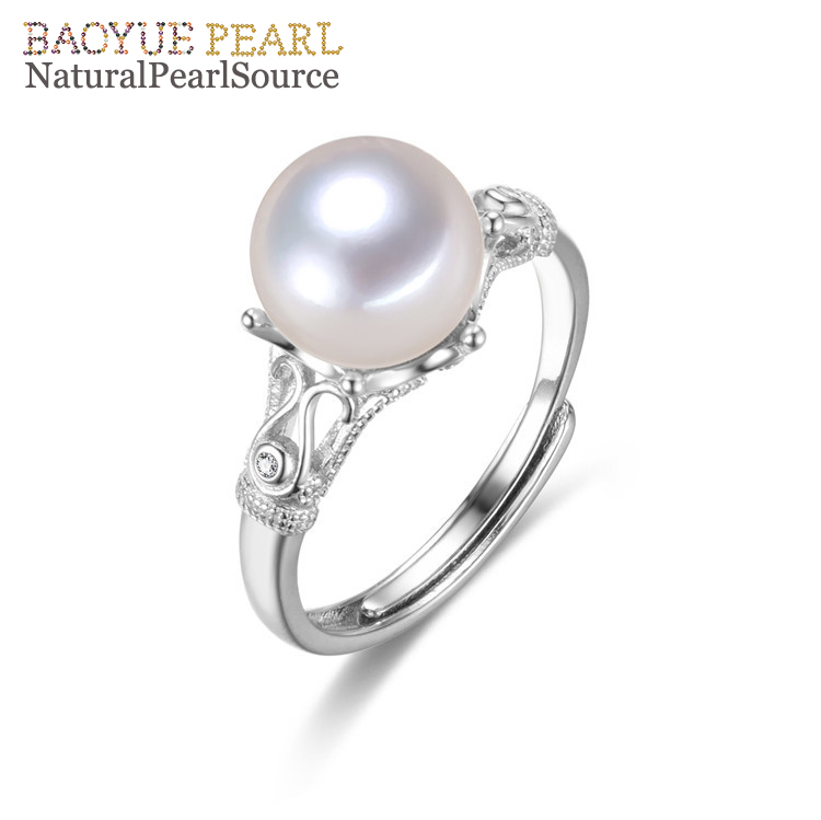 9mm round Real Pearl ring wholesale Simple adjustable real freshwater cultured pearl lady silver ring