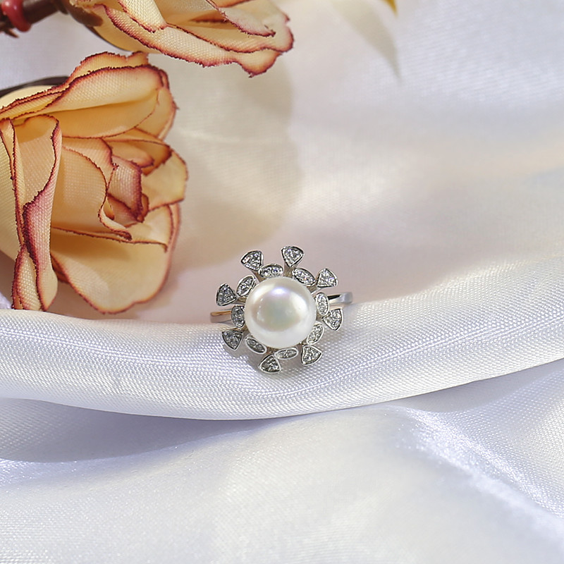 9mm 3A 925 Sterling Silver Zircon Pearl Ring freshwater pearl ring button natural pearl ring  jewelry.