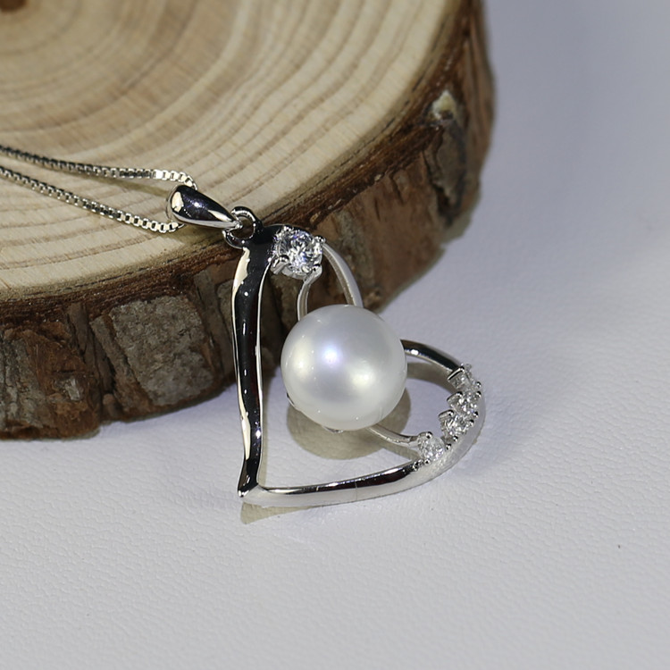 9mm love heart pearl necklace pearl pendant wholesale  button 3A grade white 925 sterling silver