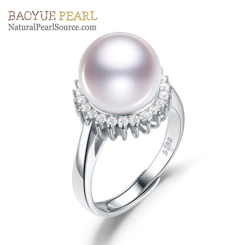 10-11mm round AA white color original pearl ring  jewelry design 925 silver pearl ring for women